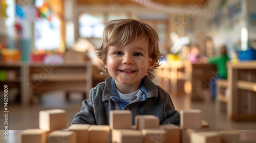 toddler boy playing blocks at the table : Generative AI