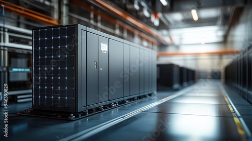 Hightech solar battery storage system demonstrating the future of renewable energy technology in a commercial building selective focus