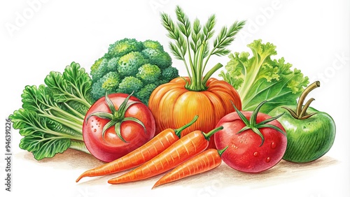 Whimsical hand-drawn illustration of colorful vegetables, including carrots, broccoli, and tomatoes, set against a clean white background with subtle texture and gentle shading.