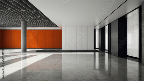 A minimalist and modern interior design featuring a spacious lobby with a polished concrete floor, white walls, a striking orange accent wall, and a unique ceiling design...