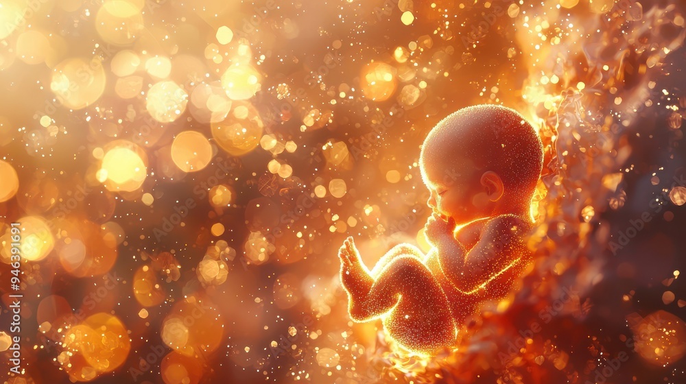 Baby embryo in the belly, original style, warm light, Bokeh