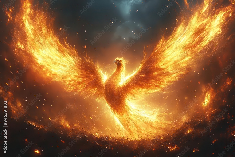 majestic phoenix rising from ashes wings spread wide against dark ...
