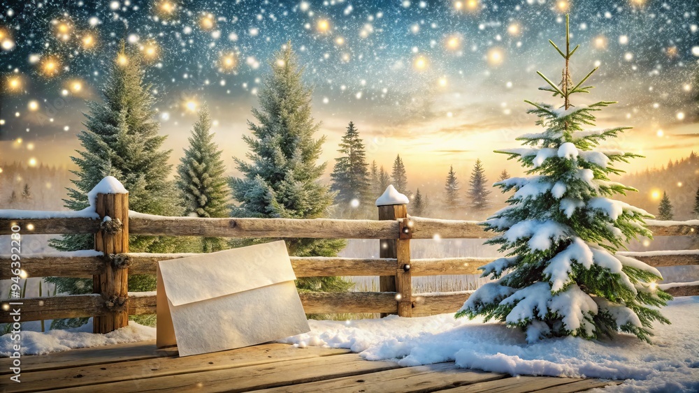 Fototapeta premium Winter wonderland scenery with falling snowflakes, snow-covered pine trees, and a vintage-style holiday card propped against a rustic wooden fence in the foreground.
