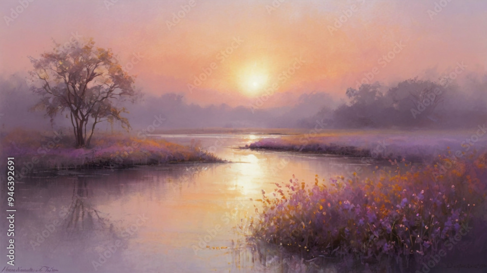 A serene landscape painting depicting a tranquil lake at sunset, with a lone tree silhouetted against a fiery sky and purple wildflowers blooming along the shore.. A serene landscape painting depicting a tranquil lake at sunset, with a lone tree silhouetted against a fiery sky and purple wildflowers blooming along the shore..