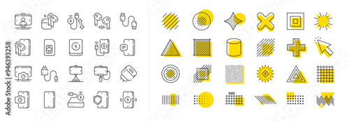 Sim card, selfie stick and wireless charger set. Design shape elements. Mobile accessories line icons. Power bank battery, mobile headphones and usb type-c cable line icons. Vector