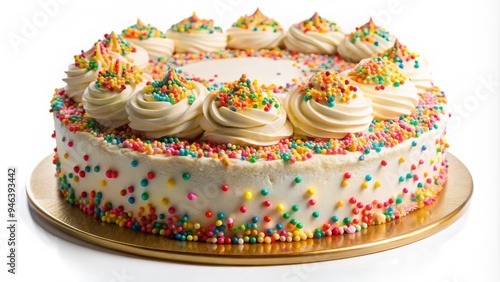 A beautifully decorated and freshly baked homemade cake with creamy frosting and colorful sprinkles, isolated on a clean white background, ready to be devoured.