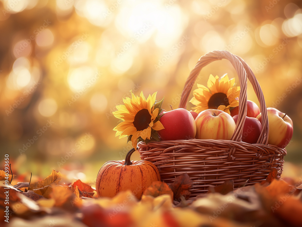basket with apples, sunflowers, and pumpkin basket with apples, sunflowers, and pumpkin