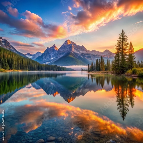 Stunning sunrise reflection of a majestic mountain range on a crystal clear lake