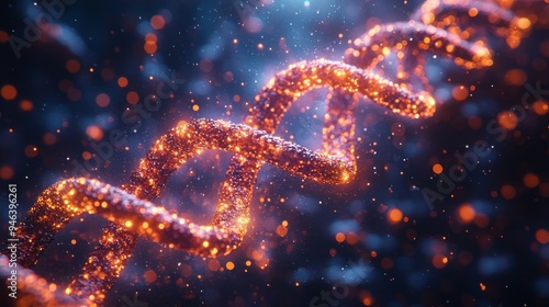 A dynamic holographic representation showcases a genetic helix, glowing with vibrant particles against a dark background, illustrating complex genetic structures.