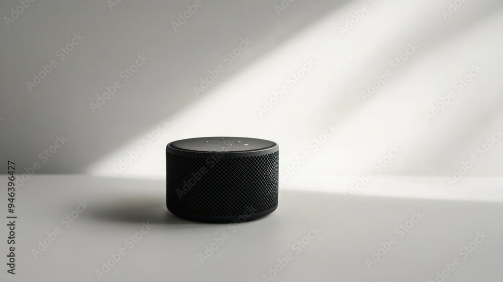 Black Cylindrical Smart Speaker on White Surface Black Cylindrical Smart Speaker on White Surface