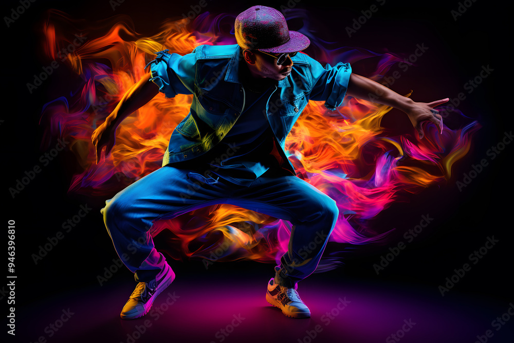 Fototapeta premium Man in bright clothes dancing hip-hop isolated on dark background in mixed neon light