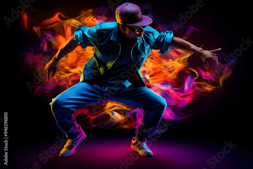 Man in bright clothes dancing hip-hop isolated on dark background in mixed neon light photo