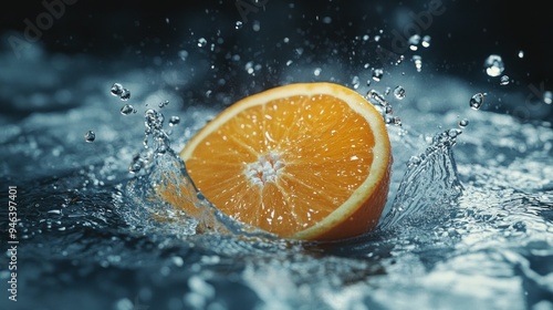 Orange Slice Splashing Into Water With Droplets