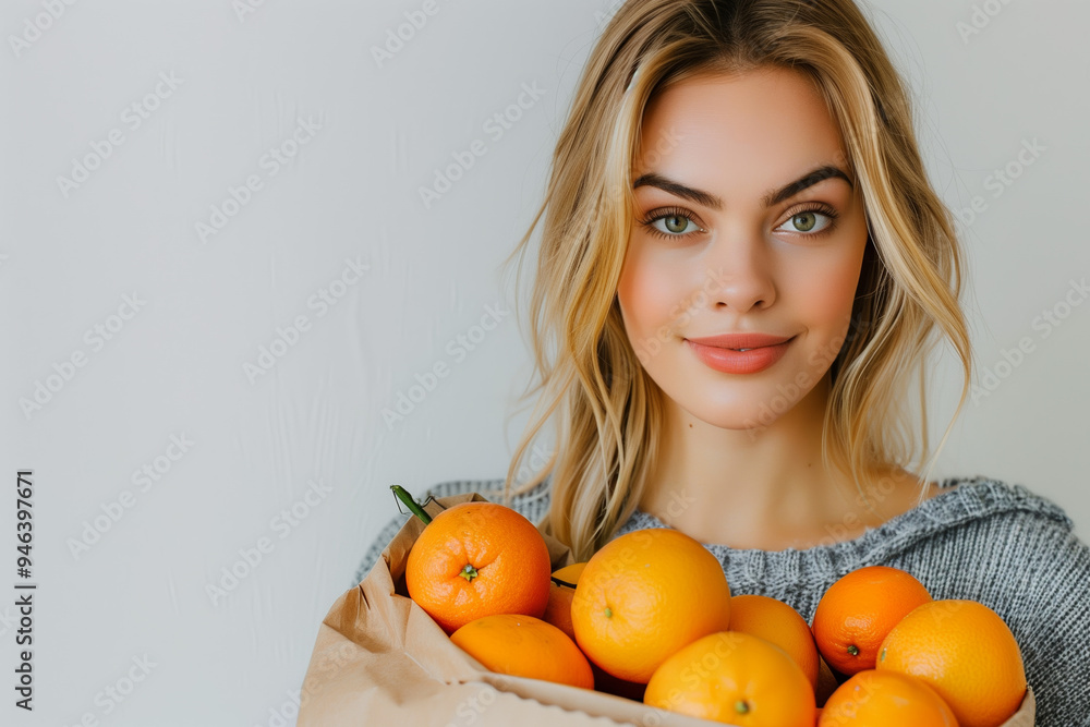 Woman holding an open brown paper bag of oranges. Woman holding an open brown paper bag of oranges.