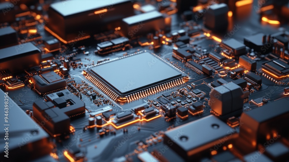 Close-up of a glowing computer motherboard with a central processor Close-up of a glowing computer motherboard with a central processor