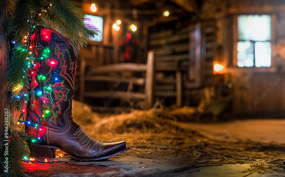 Fototapeta premium Cowboy boot decorated with Christmas lights in a barn