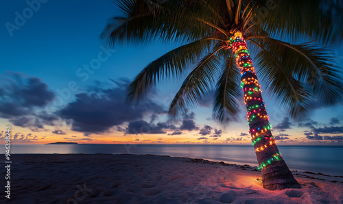 Palm tree decorated in colorful christmas lights on tropical beach at sunset with copy space 