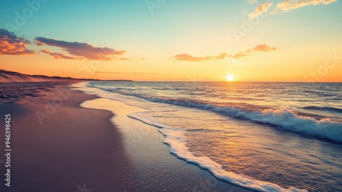 Golden Sunset over a Sandy Beach with Foamy Waves