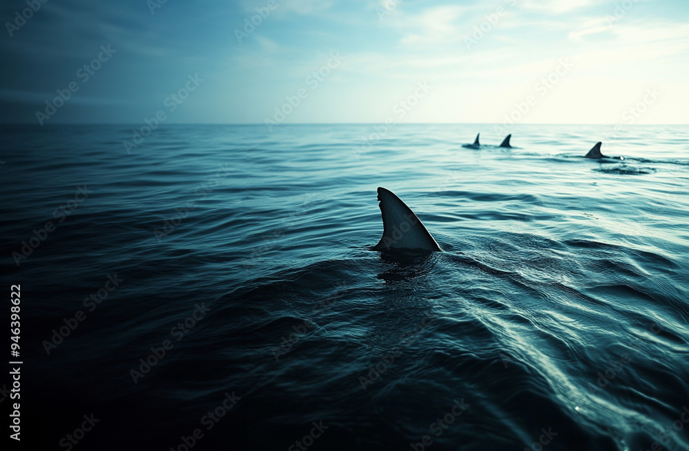 Naklejka premium Shark fins in calm ocean water