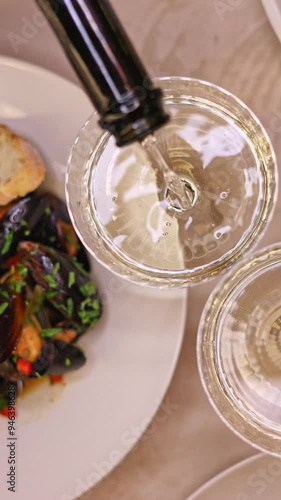 waiter pouring sparkling wine in glass and plates with sea food on table. romantic dinner in restaurant.woman hand taking one glass, top view,vertical video