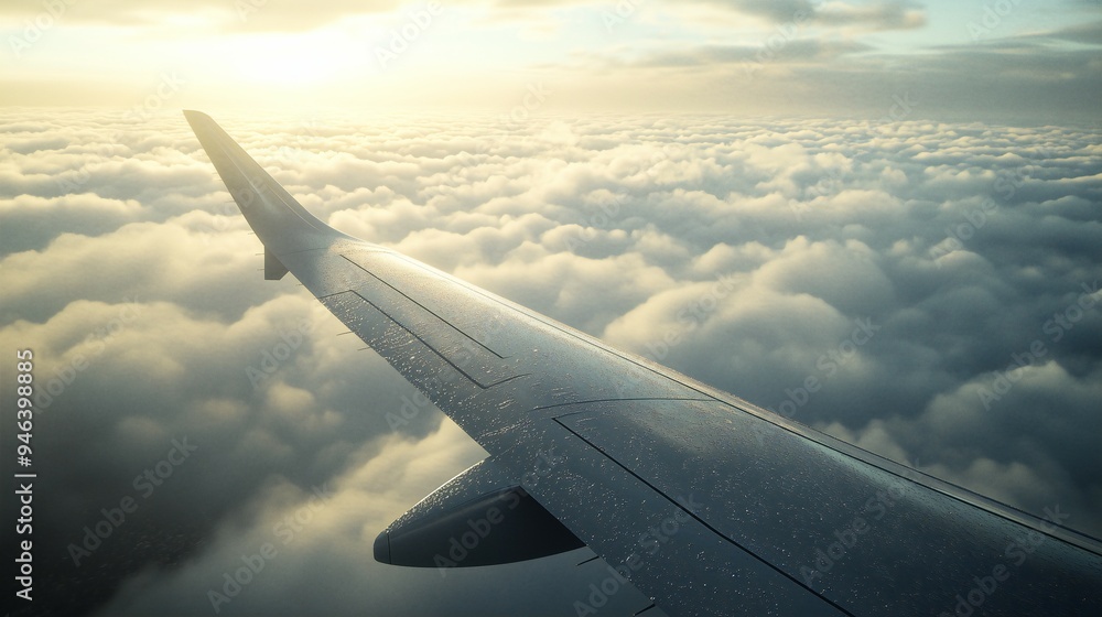 Hyper-realistic photo from within a dense cloud at cruising altitude. Captures soft light, mist textures, and an airplane wing outline with moisture droplets, creating a serene atmosphere. Hyper-realistic photo from within a dense cloud at cruising altitude. Captures soft light, mist textures, and an airplane wing outline with moisture droplets, creating a serene atmosphere.