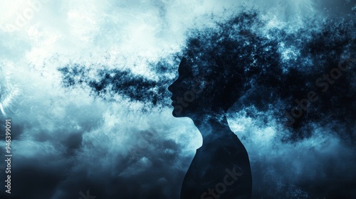 A silhouette of a person exhaling a dark cloud, symbolizing the release of stress, anxiety, and negative thoughts. The cloud dissipates into the sky, representing finding clarity and peace. photo