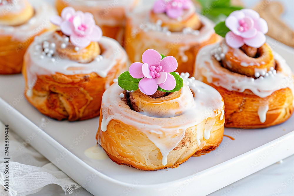 Cinnamon rolls with decorative flowers and icing on a white plate showcasing baked goods Cinnamon rolls with decorative flowers and icing on a white plate showcasing baked goods