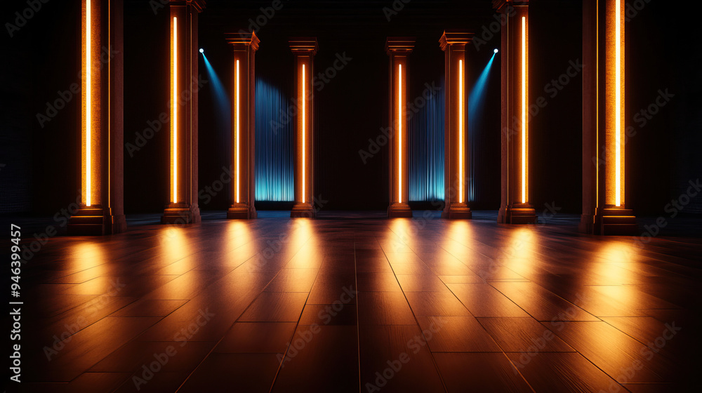 Fototapeta premium A beautifully lit hall featuring tall columns, dramatic lighting, and a polished floor, creating an elegant atmosphere.