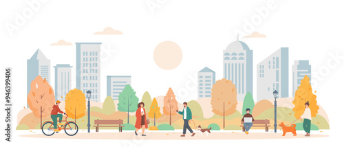 Happy people in Autumn city park. men and women walking with dogs, biking and working outside. Fall season in city. Vector flat banner background illustration.