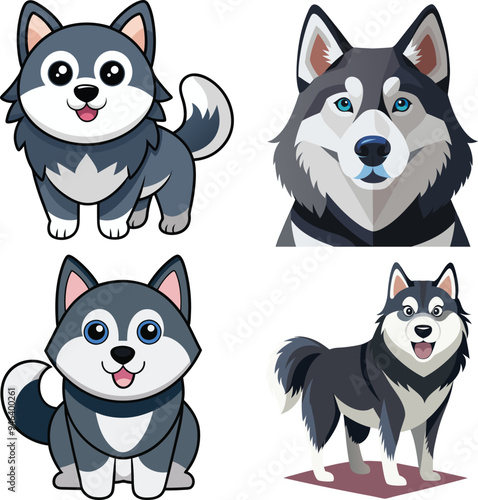 Alaskan Malamute Dog  Vector, Clipart Set,  easy to edit and multiple uses. 