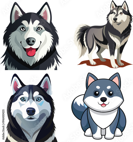 Alaskan Malamute Dog  Vector, Clipart Set,  easy to edit and multiple uses. 