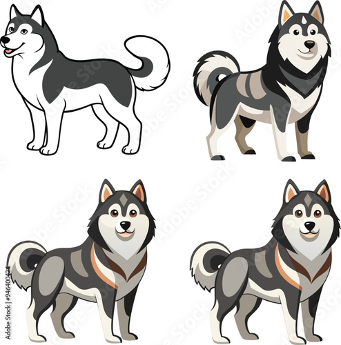 Alaskan Malamute Dog  Vector, Clipart Set,  easy to edit and multiple uses. 