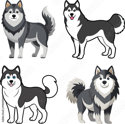 Alaskan Malamute Dog  Vector, Clipart Set,  easy to edit and multiple uses. 