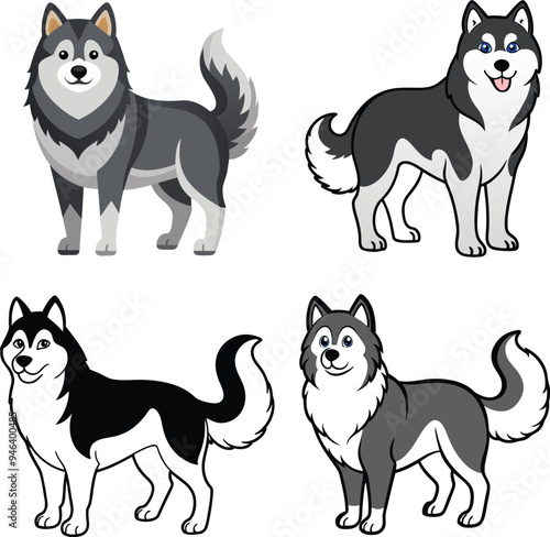 Alaskan Malamute Dog  Vector, Clipart Set,  easy to edit and multiple uses. 