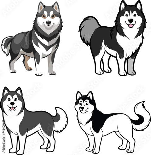Alaskan Malamute Dog  Vector, Clipart Set,  easy to edit and multiple uses. 