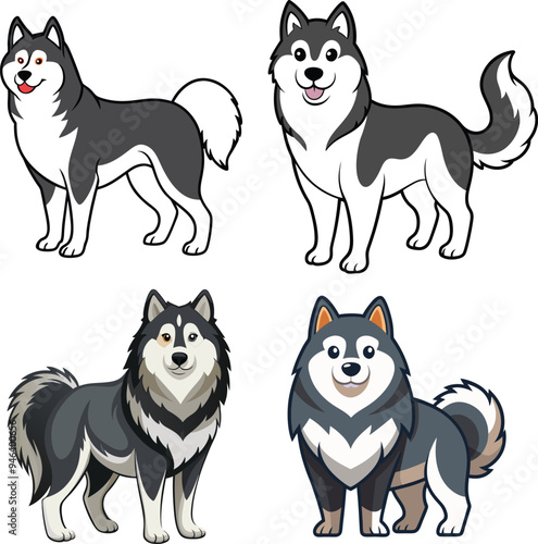 Alaskan Malamute Dog  Vector, Clipart Set,  easy to edit and multiple uses. 