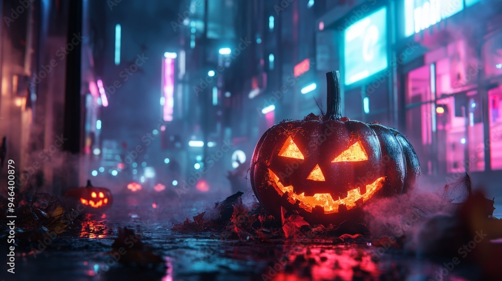 A glowing jack-o'-lantern sits on a wet city street with neon lights reflecting in the puddles. A glowing jack-o'-lantern sits on a wet city street with neon lights reflecting in the puddles.
