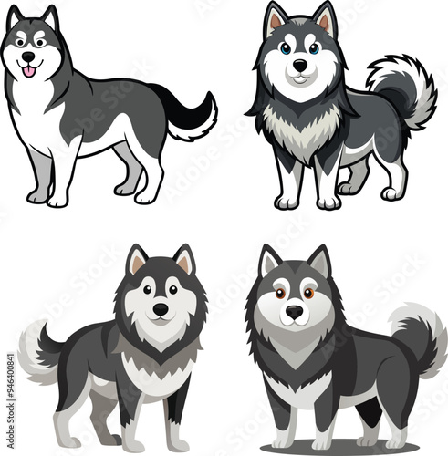 Alaskan Malamute Dog  Vector, Clipart Set,  easy to edit and multiple uses. 