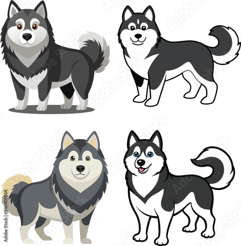Alaskan Malamute Dog  Vector, Clipart Set,  easy to edit and multiple uses. 