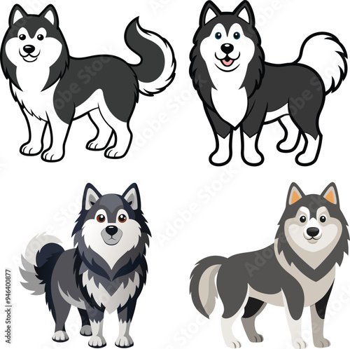 Alaskan Malamute Dog  Vector, Clipart Set,  easy to edit and multiple uses. 