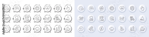 Share, Refresh cart and Fish dish line icons. White pin 3d buttons, chat bubbles icons. Pack of Select alarm, Lock, Food icon. Food delivery, Cloud computing, Job interview pictogram. Vector
