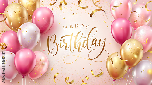 Happy birthday card with pink balloons and a golden confetti background text 