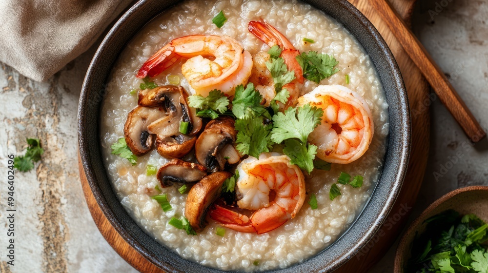 Close up of a bowl of rice porridge with shrimp, mushrooms and cilantro. Close up of a bowl of rice porridge with shrimp, mushrooms and cilantro.