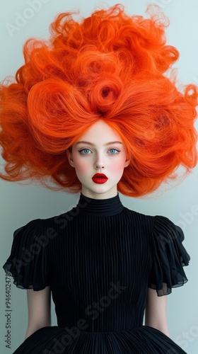 Striking model with voluminous orange hair and black dress poses in a minimalist studio