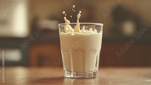 A glass of yogurt with a small, creamy splash as it fills up.