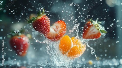 Strawberries and a Mandarin Orange Splashing in Water photo