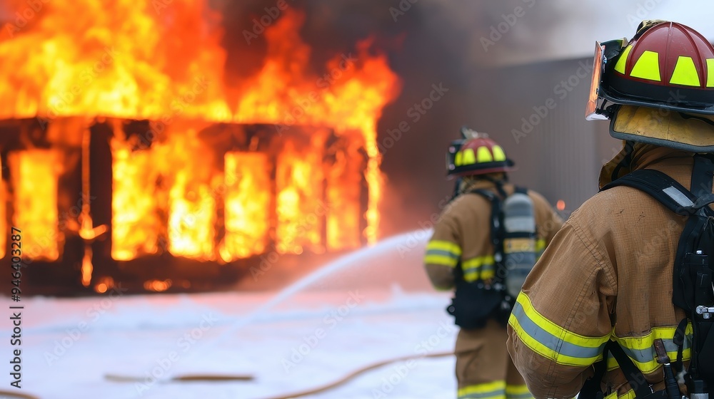 Two firefighters in full gear fighting a large building fire with heavy flames and smoke, spraying water to extinguish it. Two firefighters in full gear fighting a large building fire with heavy flames and smoke, spraying water to extinguish it.
