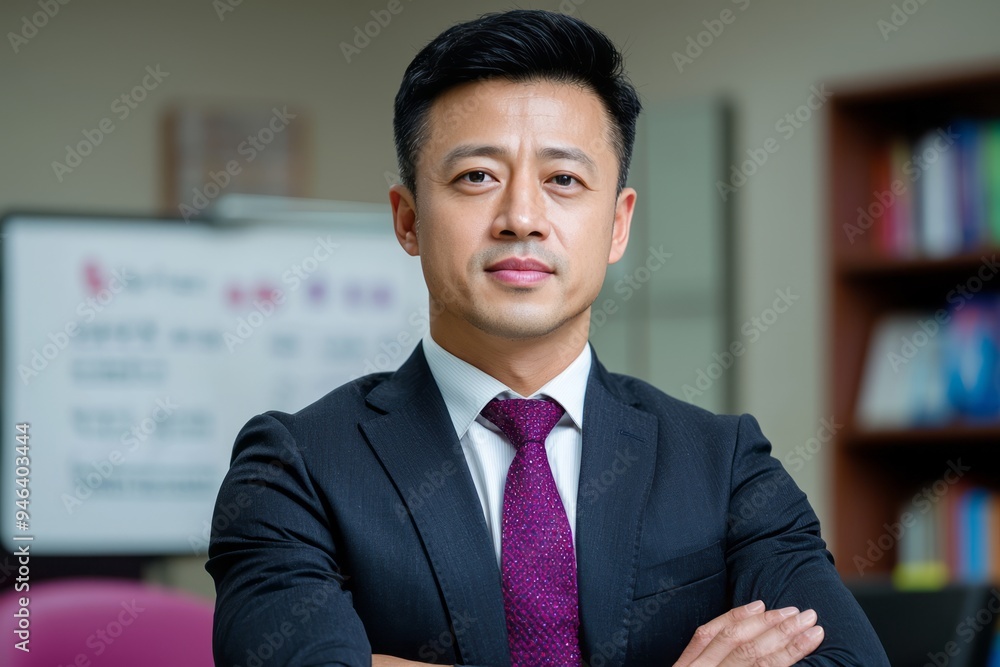 Confident businessman presenting ideas in a modern office setting during a corporate meeting