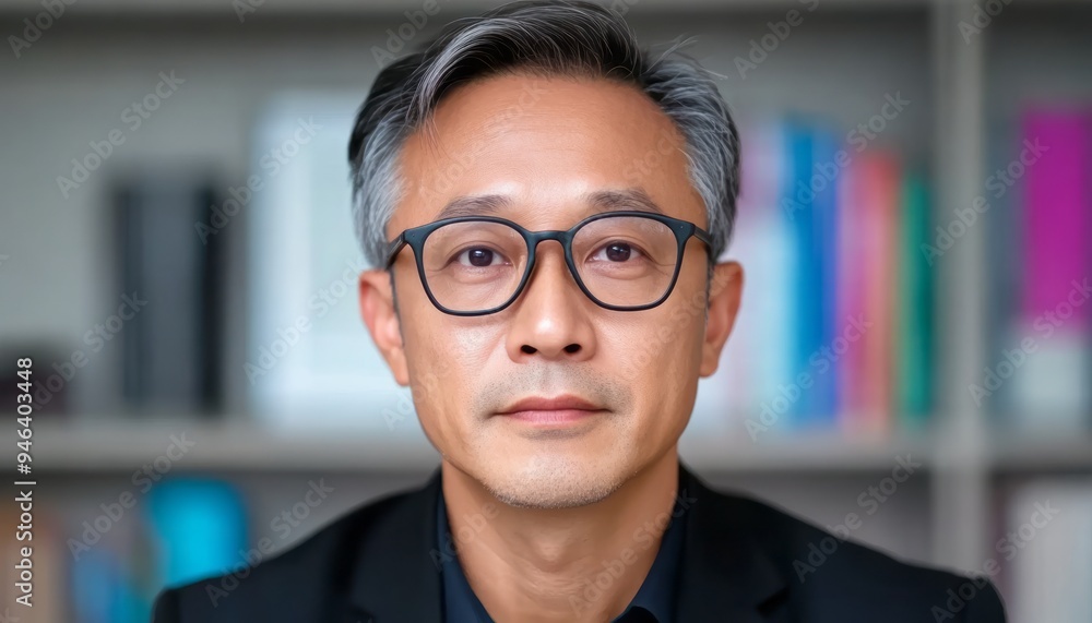 Focused professional portrait of a man in an office setting with blurred background bookshelves Focused professional portrait of a man in an office setting with blurred background bookshelves