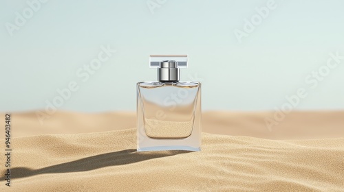 A stylish glass perfume bottle rests on a sandy beach, evoking a sense of relaxation, warmth, and a luxurious escape. The clear glass and simple design highlight the beauty of the product, while the s photo